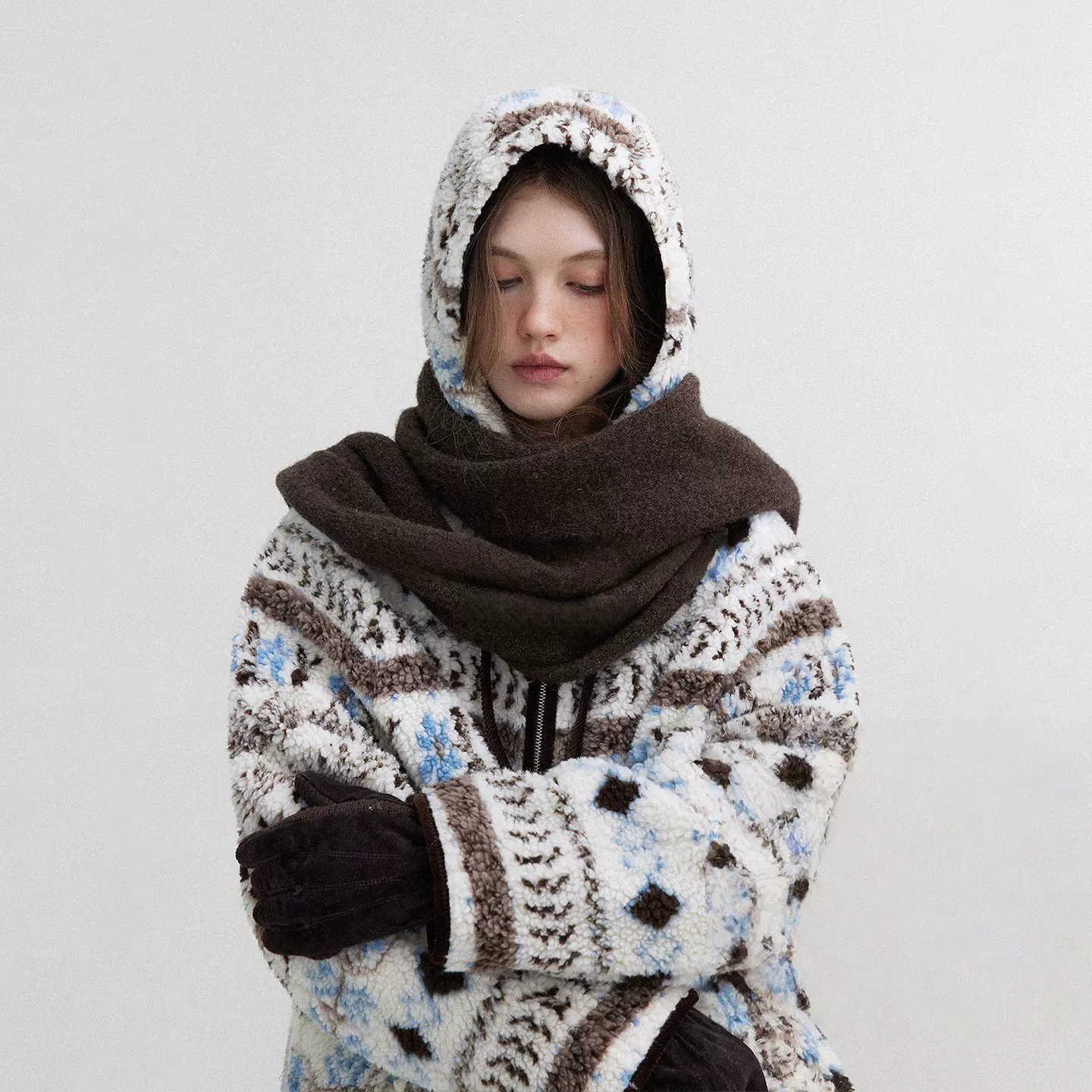 Snowy冰川雪人花纹费尔岛仿羊羔毛棉服夹棉短外套棉衣女冬