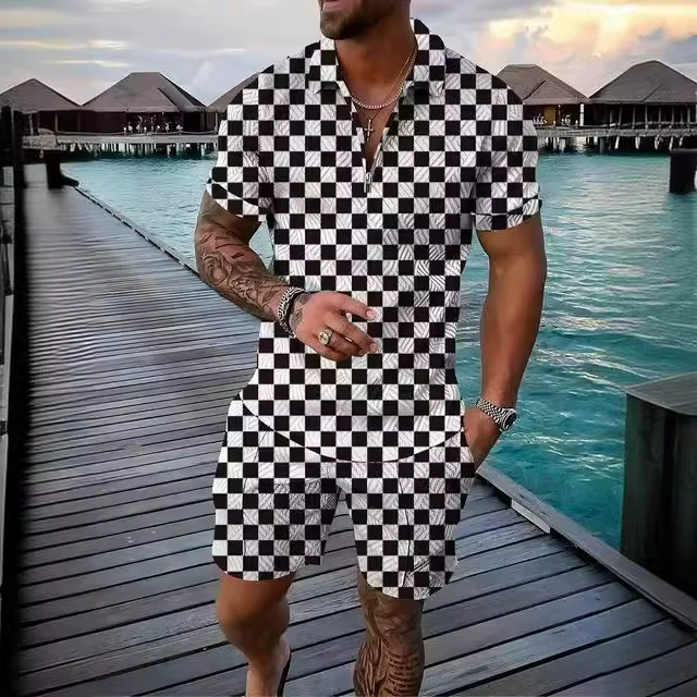 Ретро рубашка поло с 3D-принтом, мужской набор из 2 частей, молния и отворот, молния воротник и шорты, Xawei