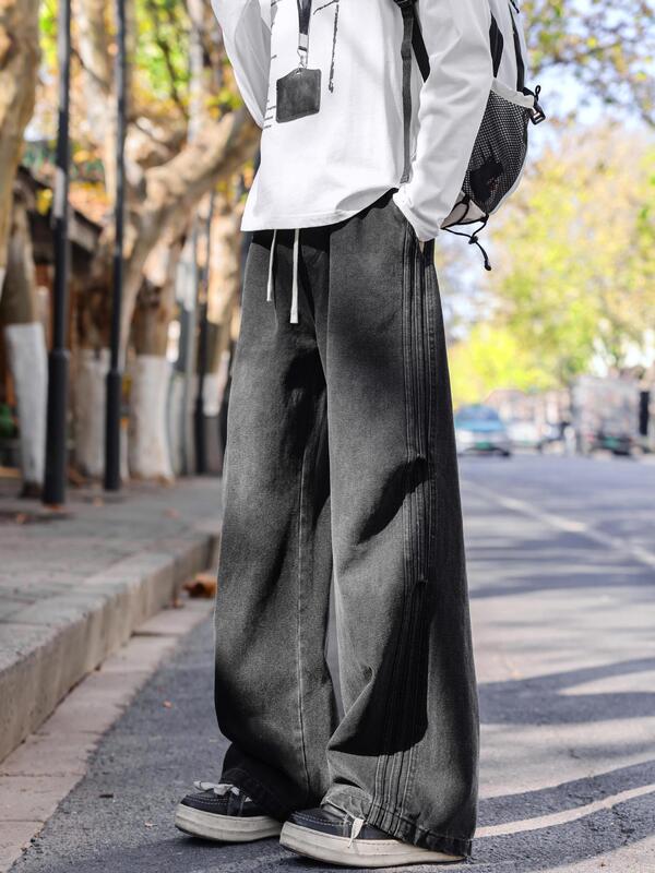 Men's Washed Vintage Jeans, American High Street Style, New Spring and Autumn Pleated Straight-Leg Pants, Trendy Brand