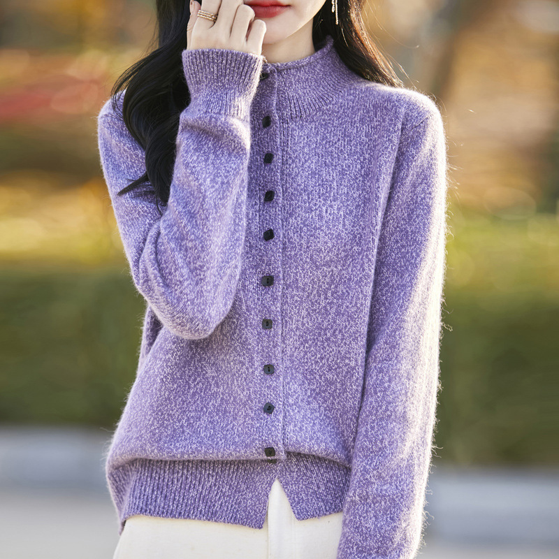 秋冬新款亲肤绒立领纯色花纱针织开衫外套加厚软糯毛衣女时尚外搭|undefined