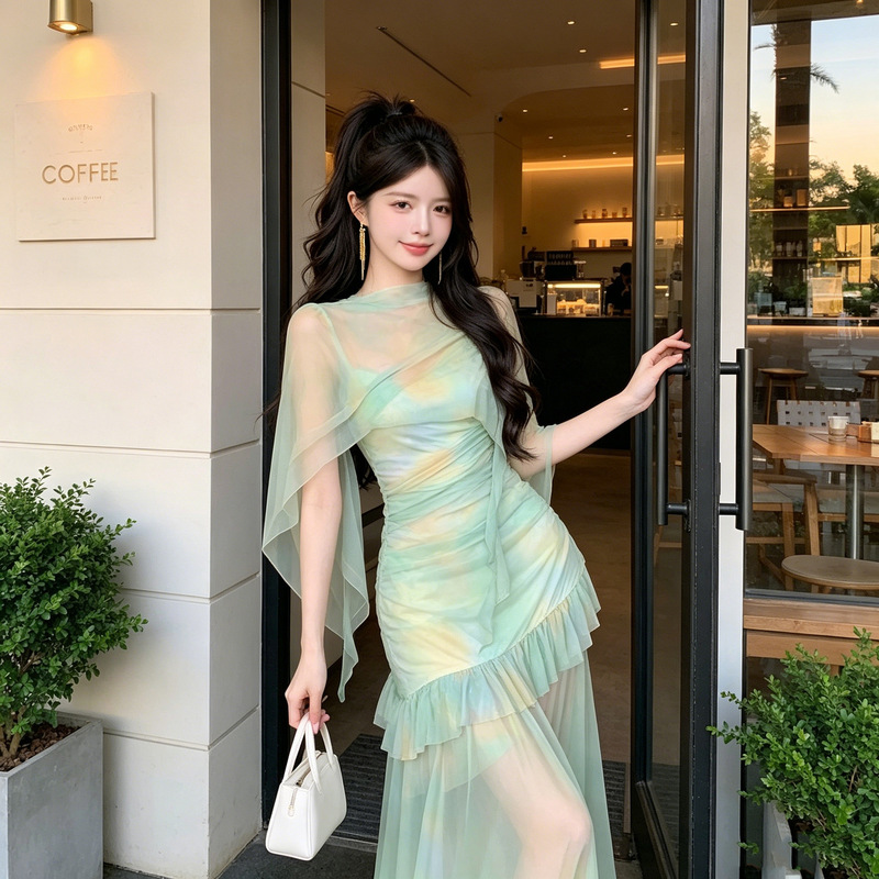 French-Style Stunning Green Tie-Dye Mesh Suspender Dress for Women, Summer High-End Seaside Vacation Slim-Fit Bodycon Long Dress French-Style Stunning Green Tie-Dye Mesh Suspender Dress for Women, Summer High-End Seaside Vacation Slim-Fit Bodycon Long Dress