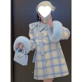 羽绒服2025毛斗篷外套女中长款大衣蝴蝶结简约格子拼色上衣