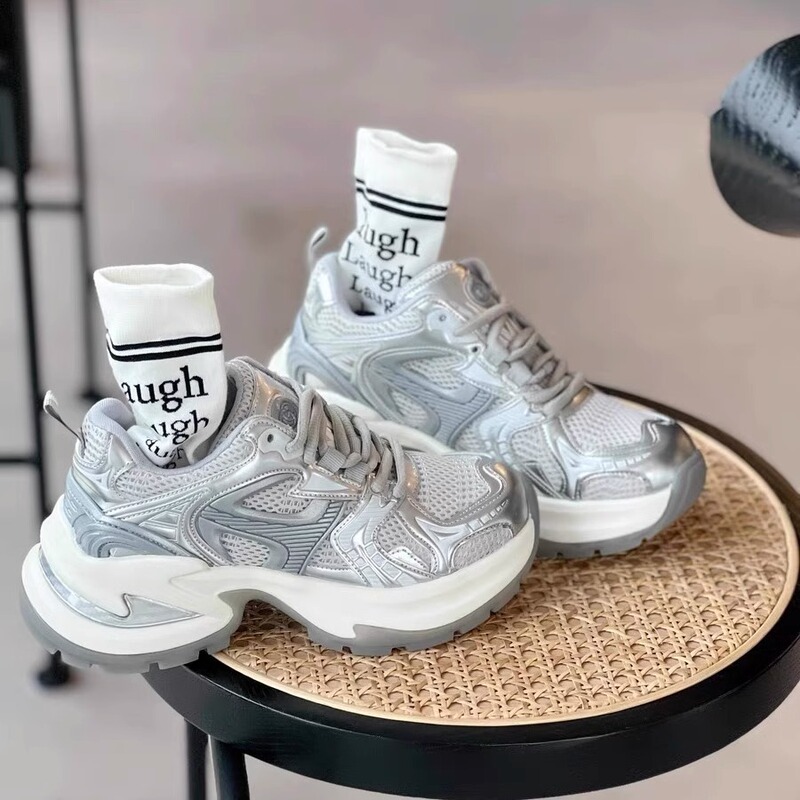 Silver Thick-Soled Dad Sneakers for Women, 2025 Spring/Summer New Style, Height-Increasing 7cm, Breathable Mesh, Niche Sports Shoes