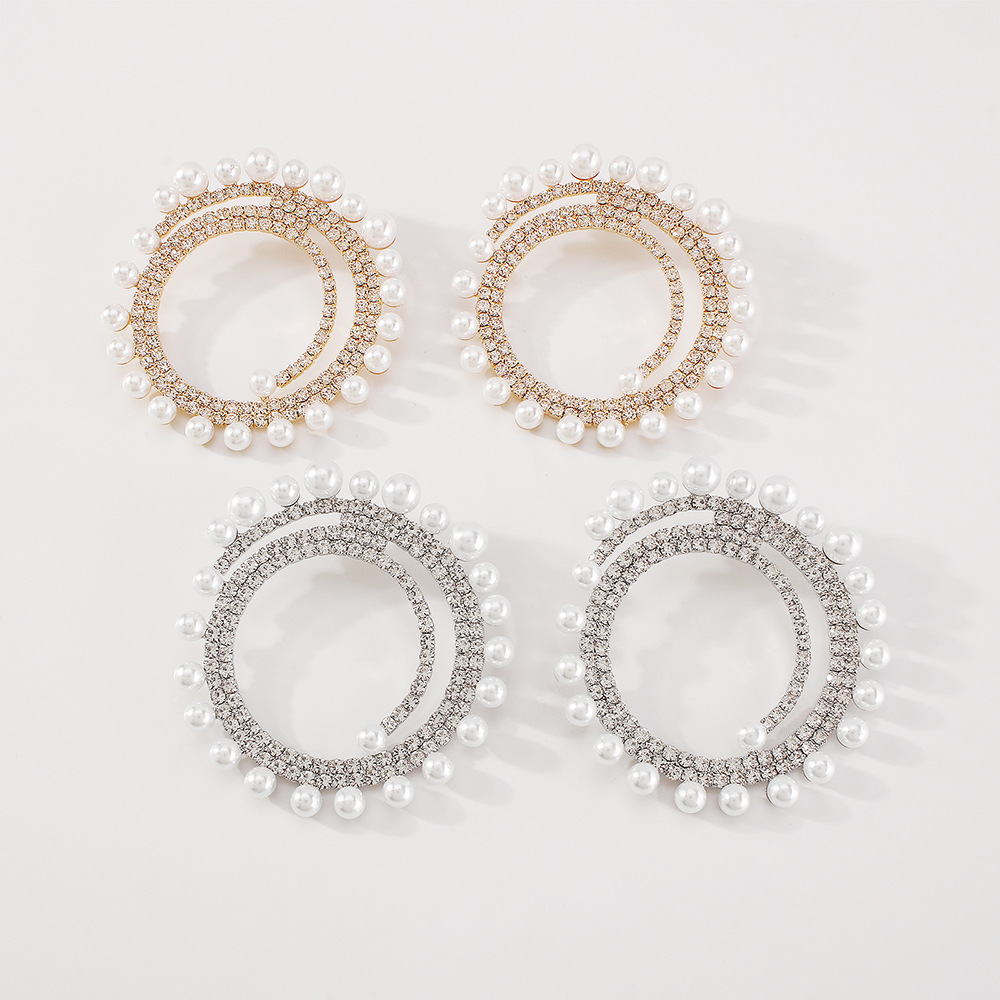 fashion diamond round earrings exaggerated imitation pearl earrings female
