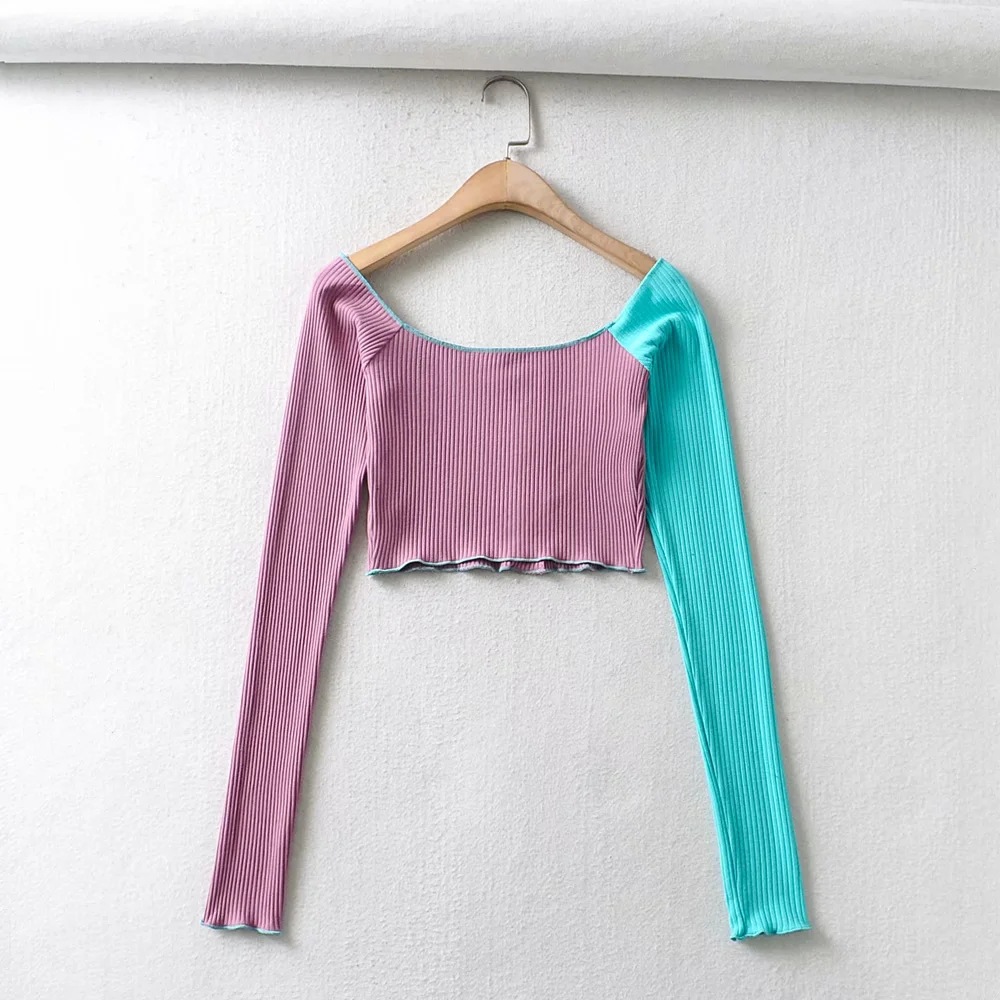 square collar buttoned color matching short sweater NSHS24681