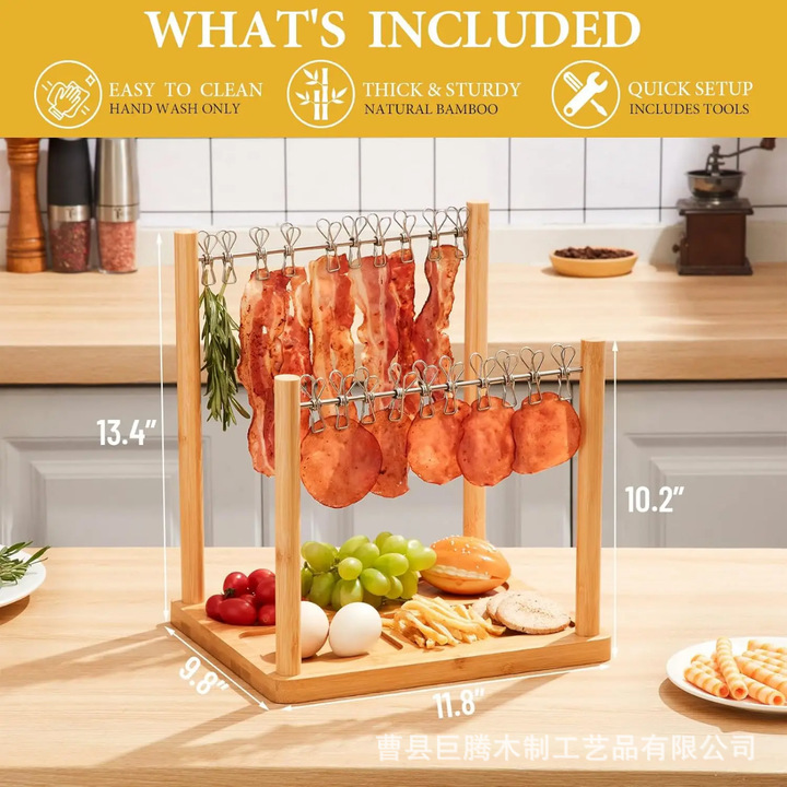 Wooden barbecue hanging rack with clips bacon display rack with divided dip tray home party barbecue display rack