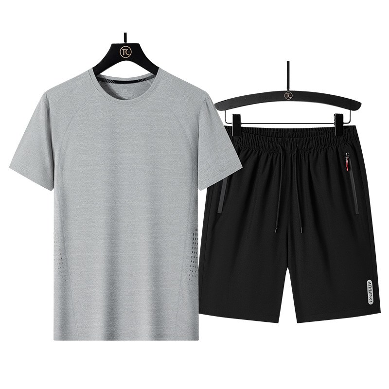 Traje deportivo de verano para hombres delgado seda de hielo casual manga corta dos piezas grandes pantalones sueltos transpirables rápidos secos para papá