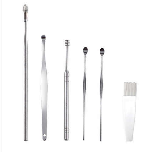 Stainless steel ear scoop 6-piece set ear scoop ear picking tool set portable spiral spring ear cleaning artifact
