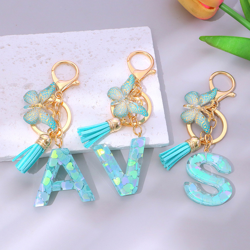 Green Love Sequins Letter Keychain English Letter Name Pendant Bag Pendant Cross Border Party Gift