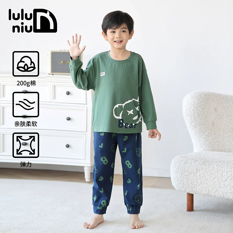 噜噜牛 Spring children's demi-season pijama for boys, cotton long-sleeve with a round collar, 2024 years, for teenagers