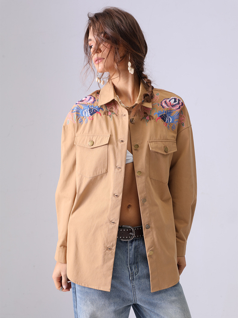 Europa y Estados Unidos retro bordado camisa de trabajo mujer abrigo de manga larga con solapa suelta primavera y otoño nuevo estilo de moda versátil chaqueta