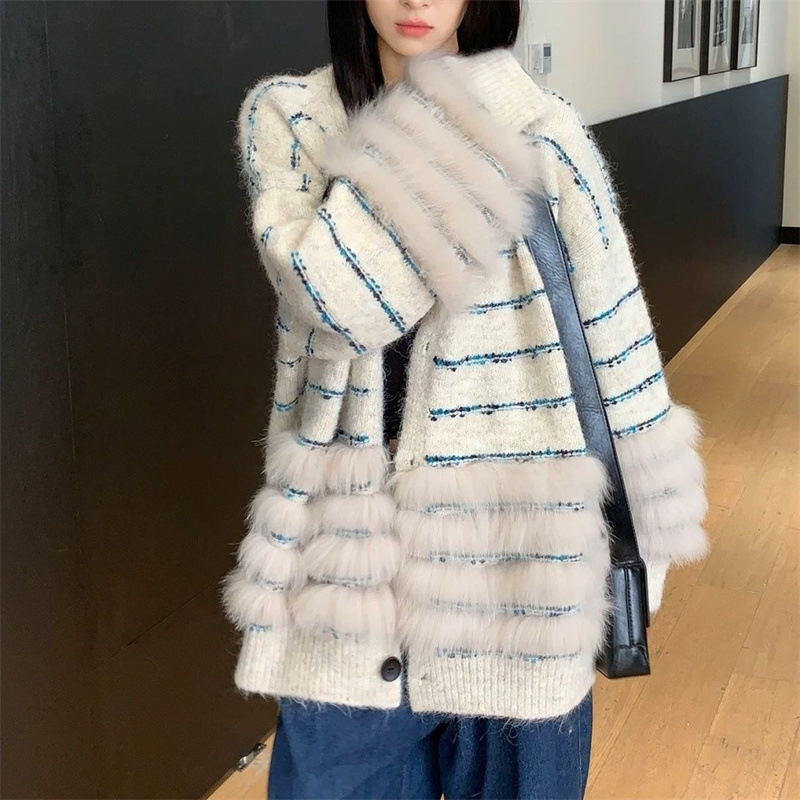 秋冬新款长毛仿貂绒条纹韩系中长款宽松毛衣女休闲慵懒风针织开衫|undefined