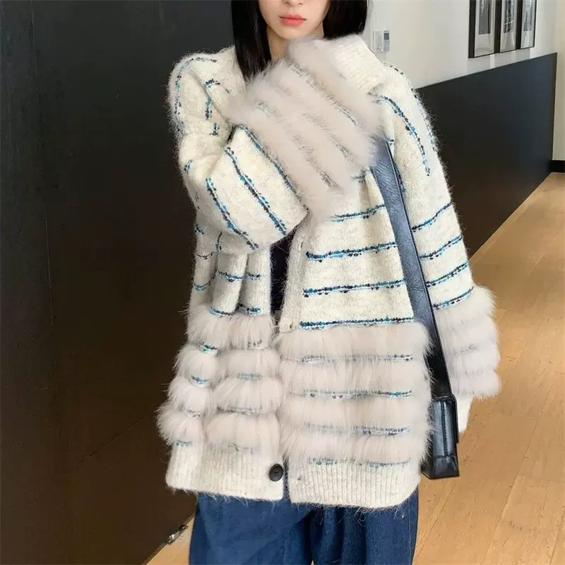 秋冬新款长毛仿貂绒条纹韩系中长款宽松毛衣女休闲慵懒风针织开衫