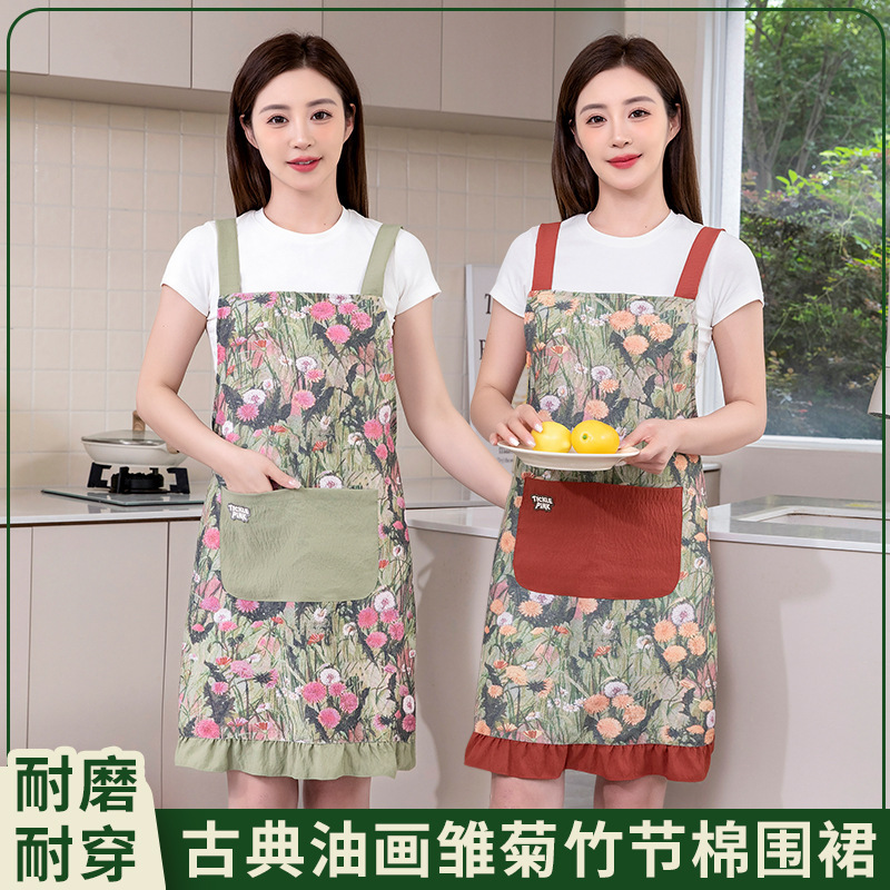Bamboo cotton apron for kitchen use, stylish and vintage, suitable for household chores, stain-resistant, comfortable, suitable for dining and working, workwear