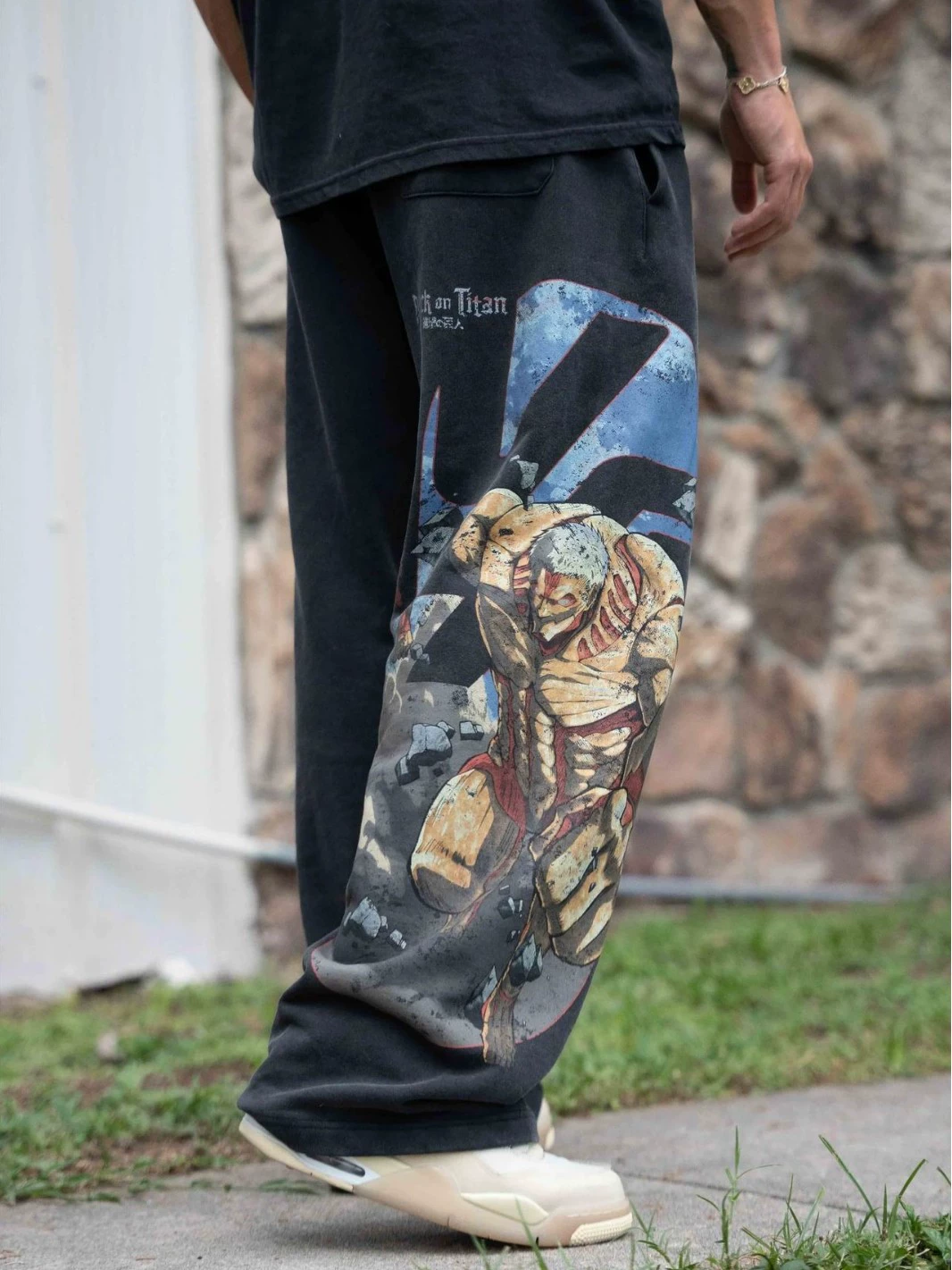 Американский Youngla совместный аниме Attack on Titan jogging runner хлопковое кружевное принт широкие брюки — сзади
