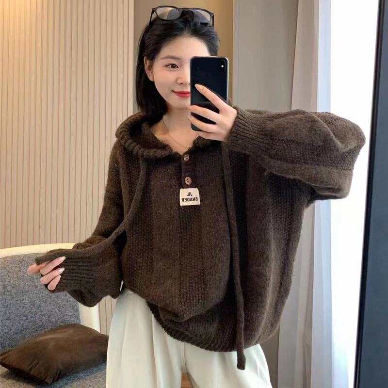 韩版宽松慵懒风连帽毛衣女秋冬2025新款软糯加厚抽绳针织卫衣上衣|undefined