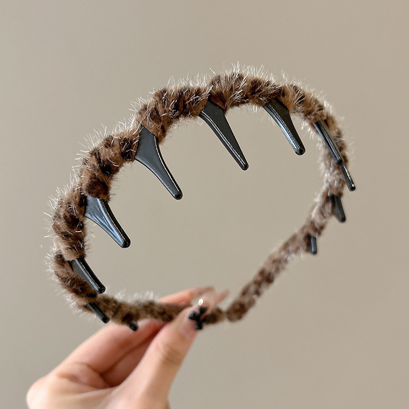 Alto grado de sensación de leopardo ondulado cabello de invierno de peluche lavado de cara prensado cabello de cabeza de cabeza de cabeza de artefacto alto cráneo craneal joyería de cabello