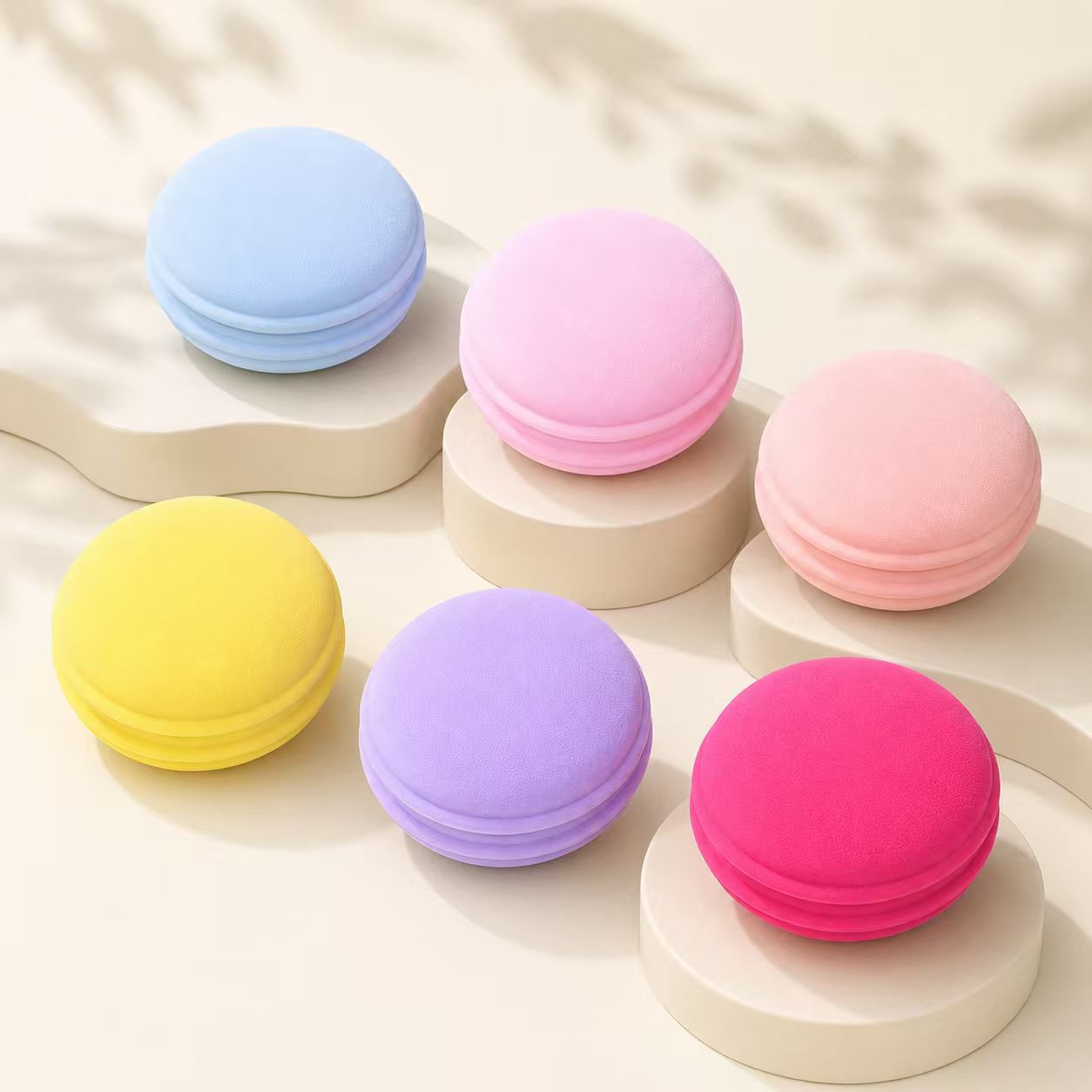 Fábrica personalizada macarón huevo de maquillaje hidrofílico no látex esponja de maquillaje PU no comer polvo, huevo de maquillaje seco y húmedo de doble uso