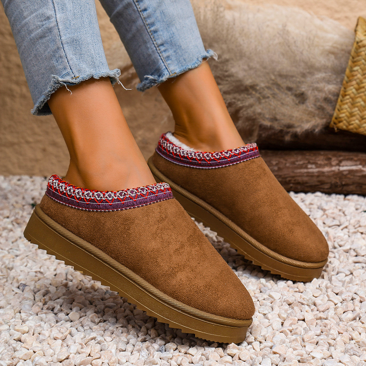 Women's Shoes Snow Boots Snow Boots Men And Women Large Size Flat National Wind Lazy Man A Slip-on Head Warm Cotton Slippers Snow Boots_viptrois.com