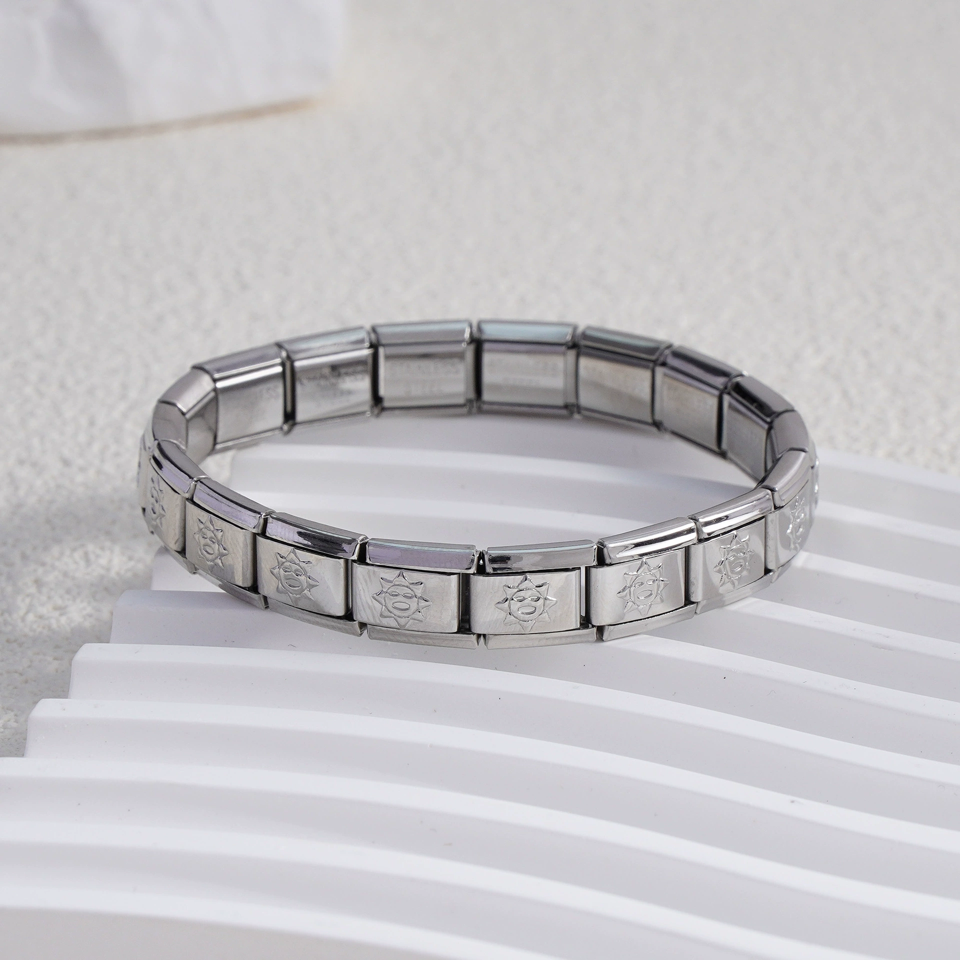 stainless steel bracelet, removable elastic link watch strap, italian european style, assorted charms