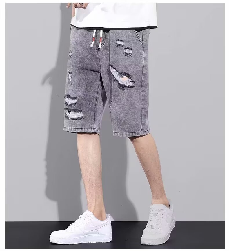 Pantalones cortos de mezclilla rotos para hombres pantalones rectos sueltos delgados de verano de cinco puntos marca de moda pantalones casuales ins 2024 nuevo estilo