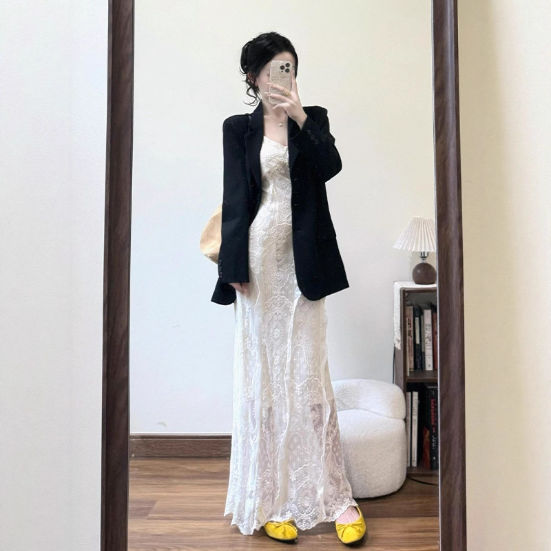 Korean Style Matchinging Set of Summer High-End Slimming Suit Jacket Lace Suspender Dress Two-Piece Set