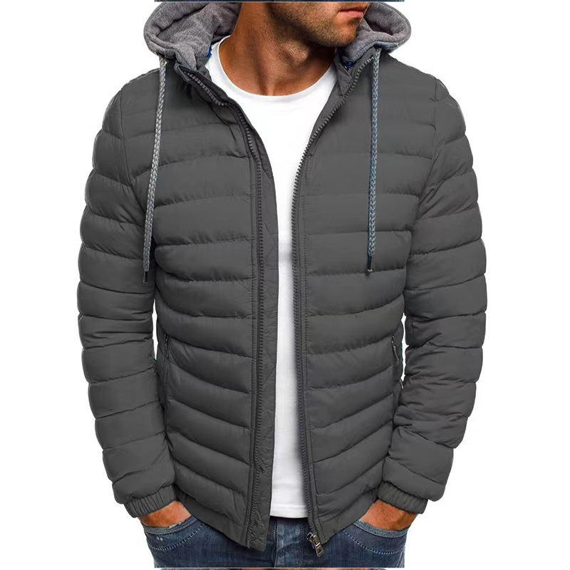 Foreign Trade 2024 Winter New Style down Cotton Jacket for Men, European Size, Solid Color, Hooded, Thickened Cotton Coat, Loose Men's Cotton Jacket