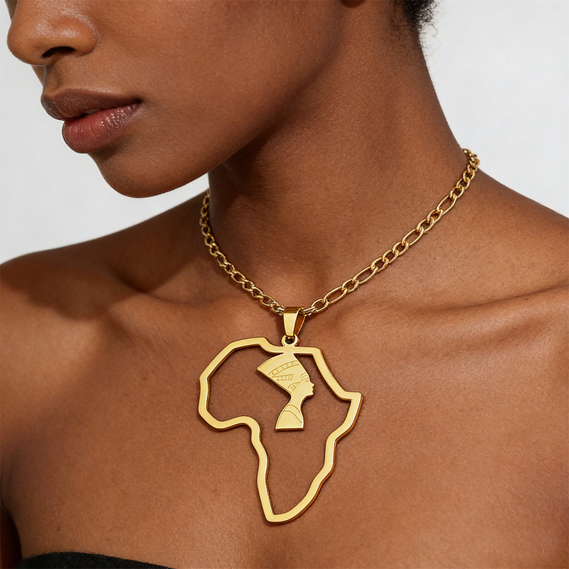 African Map Egyptian Queen Necklace Beauty Head Stainless Steel Nefertiti Pendant Unisex Titanium Steel Jewelry African Map Egyptian Queen Necklace Beauty Head Stainless Steel Nefertiti Pendant Unisex Titanium Steel Jewelry