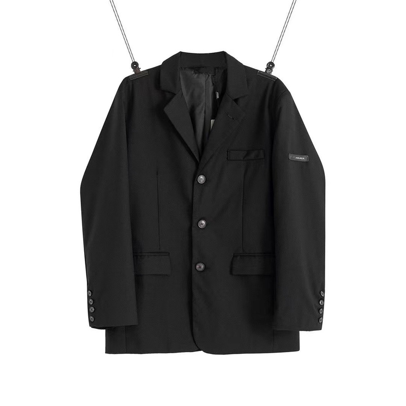 High-End Unisex Affordable Suit Jacket with Side Leather Logo, Spring Plaid Blazer with Shoulder Pads, Stylish