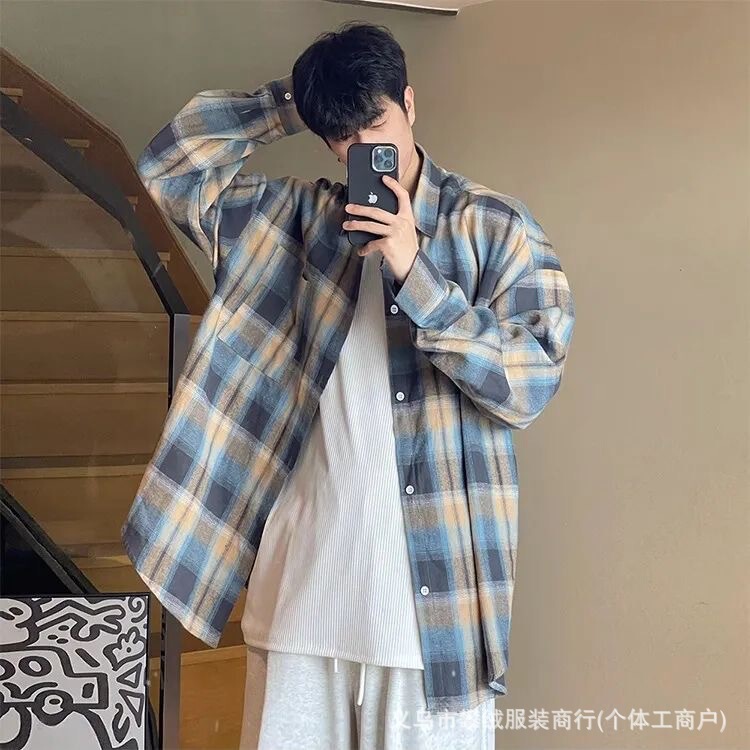 Plaid shirt for men and women, loose long-sleeved, trendy brand, stylish plaid shirt, spring and autumn vintage street fashion versatile jacket Plaid shirt for men and women, loose long-sleeved, trendy brand, stylish plaid shirt, spring and autumn vintage street fashion versatile jacket