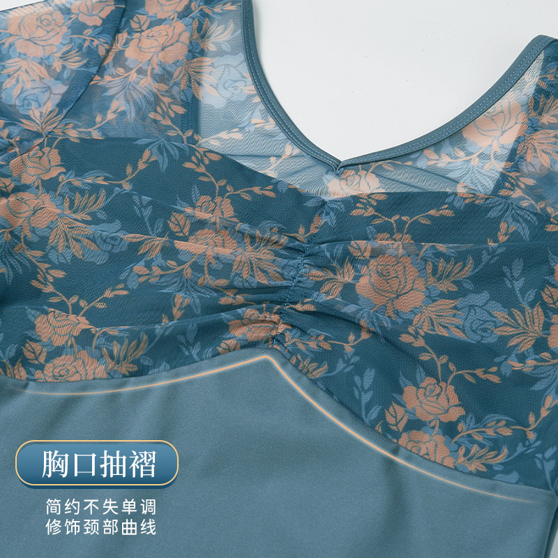 Ropa de yoga de alta gama, ropa de baile sin espalda estampada antilumínicos de manga corta para mujer de verano, ropa de entrenamiento de alta elasticidad floral