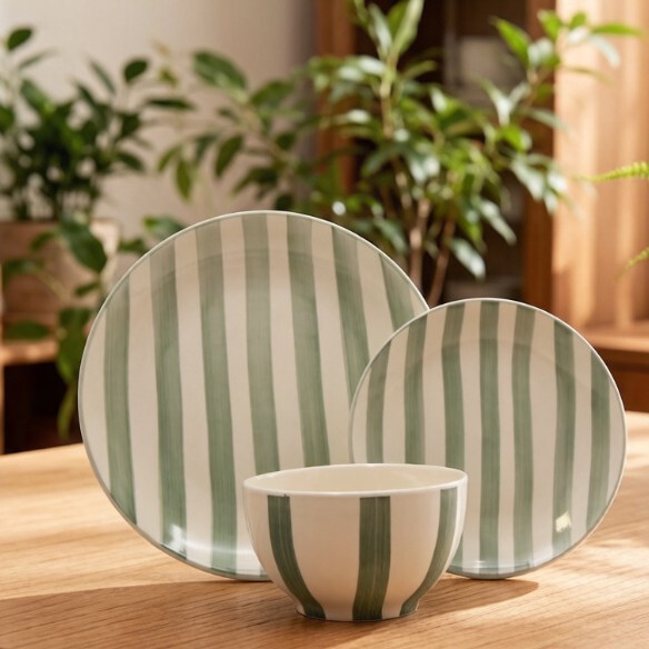 Nordic Style Dark Green/Blue and White Striped Ceramic Dinnerware Set, Household Bowl, Plate, and Cup Combination with Underglaze Color Nordic Style Dark Green/Blue and White Striped Ceramic Dinnerware Set, Household Bowl, Plate, and Cup Combination with Underglaze Color