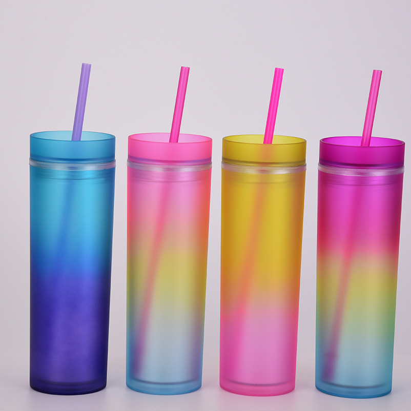 Nueva taza de agua de color arco iris degradado taza de paja de plstico doble rectapicture3
