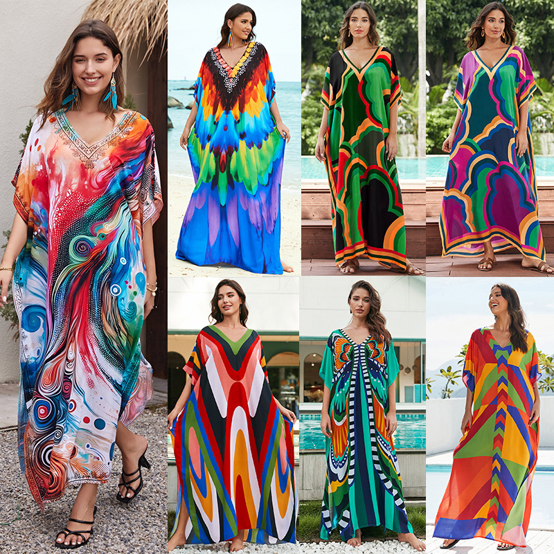 Cross-border European and American rayon tie-dyed beach jumpsuit long dress loose robe bikini swimsuit outer blouse sun protection shirt