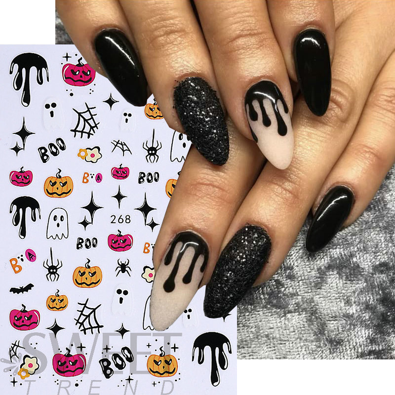 Nuevas pegatinas de uñas transfronterizas, dibujos animados lindos, halloween fantasma, setas, cráneos, rosas negras, pegatinas de uñas