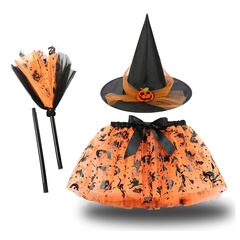 ハロウィンのプリントの網の紗のかぼちゃのtuuのスカートの女性の巫の帽子は蓬のスカートの3つのセットを掃除して欧米の女の子のショートスカートを詰めます。
