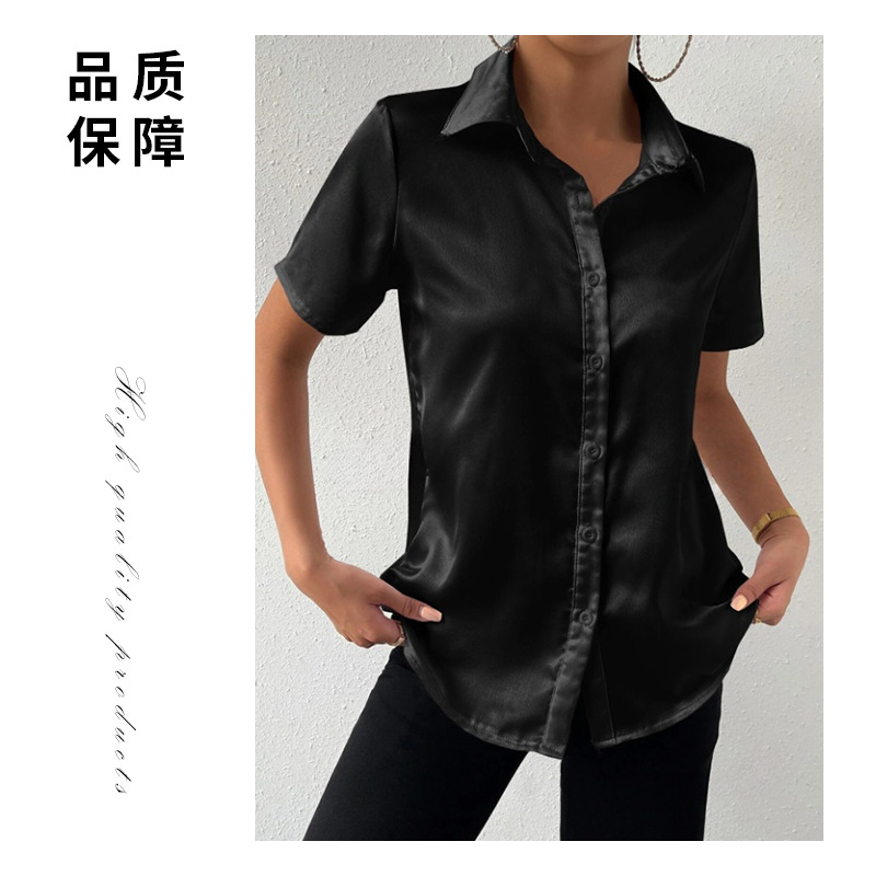 Camisa de satén con botones en stock, éxito de ventas en Amazon 2025, top casual holgado de satén, ropa de mujer transfronteriza