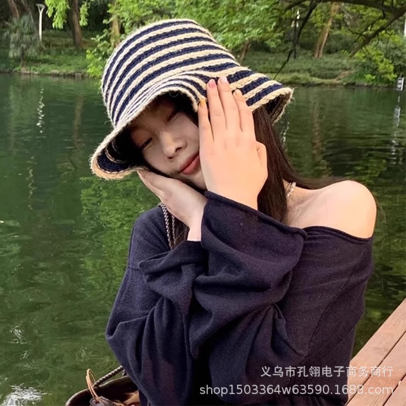 复古条纹草编水桶帽女夏季新款沙滩度假防晒遮阳帽时尚气质渔夫帽|undefined