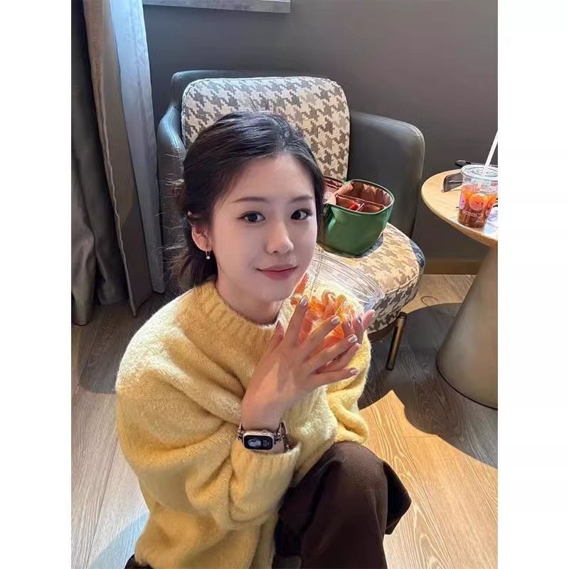 韩系温柔风鹅黄色毛衣女秋冬2025新款松弛感慵懒风软糯套头针织衫|undefined