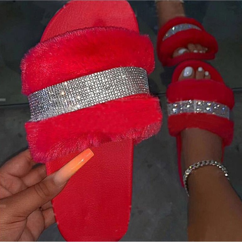 Transfronterizo 2022 AliExpress Comercio exterior 43 más tamaño de fondo grueso talón plano zapatillas de felpa zapatillas de mujer colorido brillante Rhinestone