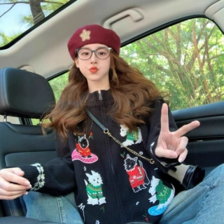 重工卡通刺绣毛衣外套女2025新款秋冬趣味复古减龄拉链针织开衫厚