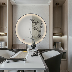 2FLED燈光畫玄關裝飾畫帶燈中式竹子掛畫走廊過道輕奢進門圓形壁