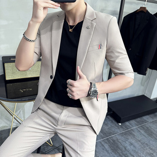Summer New Men's Casual Suit Korean-style Thin Half-sleeve Suit Two-piece Cool Slim-fit Middle-sleeve Suit
