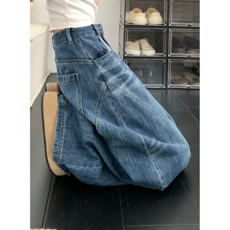 复古高腰阔腿牛仔裤女秋季新款大码胖mm宽松显瘦梨形身材直筒裤子|undefined