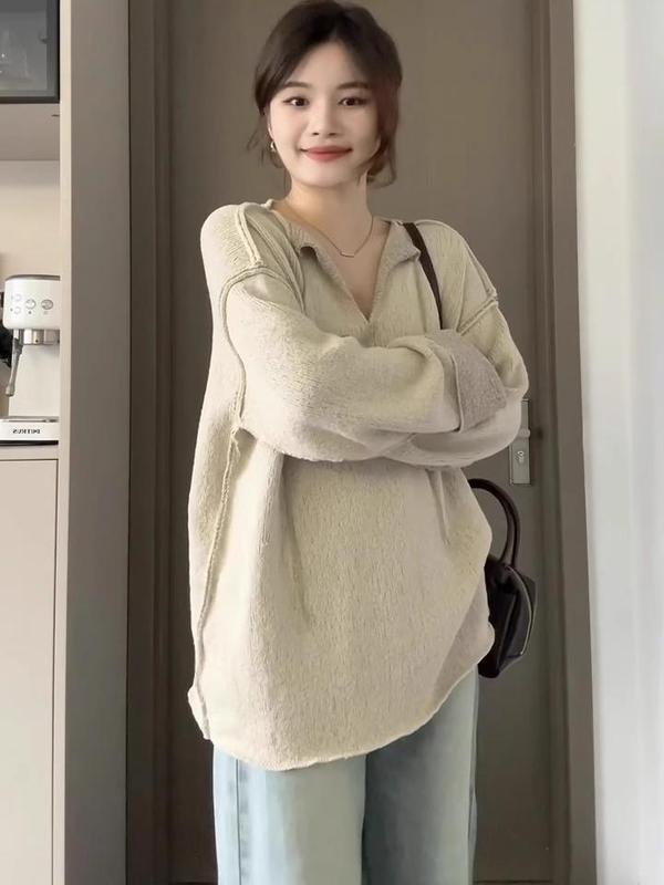 美式复古针织衫女秋季新款宽松慵懒风v领长袖毛衣显瘦设计感上衣|undefined