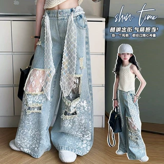 女童蕾丝破洞拼接牛仔阔腿裤2026夏季薄款中大童甜酷洋气网红长裤