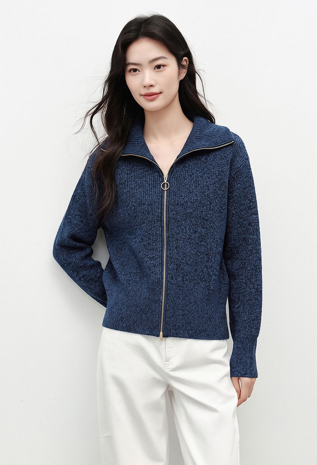 Áo khoác dệt kim nữ màu xanh da trời, dáng cardigan khóa kéo, chất liệu len cừu mềm mại, tay dài — Màu xanh da trời chi tiết 1