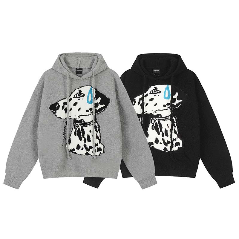 Herrenbekleidung Amerikanischer Trendy-Marken-Cartoon-Tierwelpe Jacquard-Pullover mit Kapuze für Männer und Frauen Street Loose Lazy Style Pullover_voghion.com