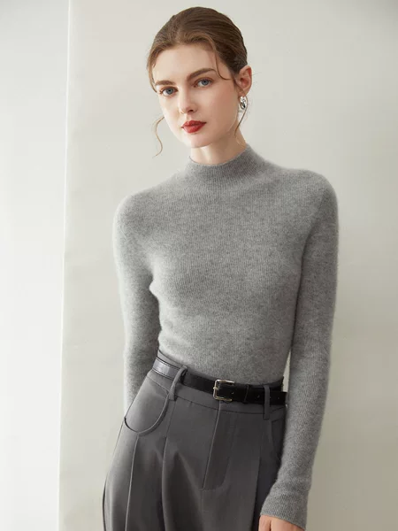 One-Line Ready-To-Wear Seamless 100% Pure Cashmere Sweater for Women Half Turtleneck Striped Slim Slim Knitted Bottoming Sweater