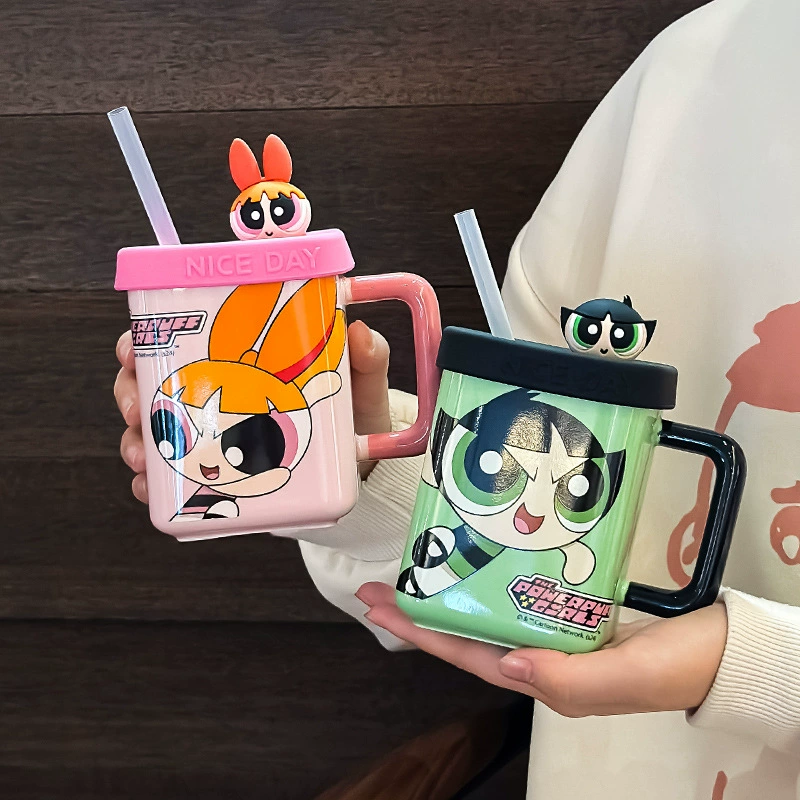 Керамическая кружка Powerpuff Girls 450 мл с крышкой и трубочкой, удобная ручка — подарок
